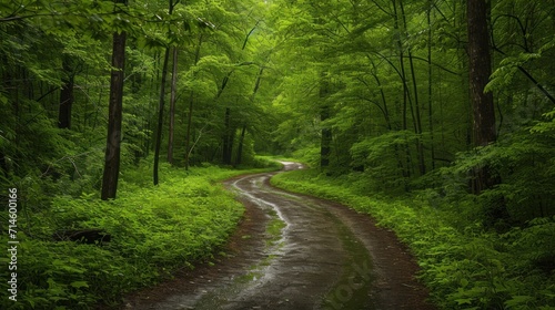  a dirt road in the middle of a forest with trees on both sides of it and a wet road in the middle of the forest with trees on both sides.