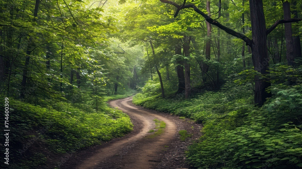 Fototapeta premium a dirt road in the middle of a forest with lots of trees and bushes on both sides of the road and a lush green forest on the other side of the road.
