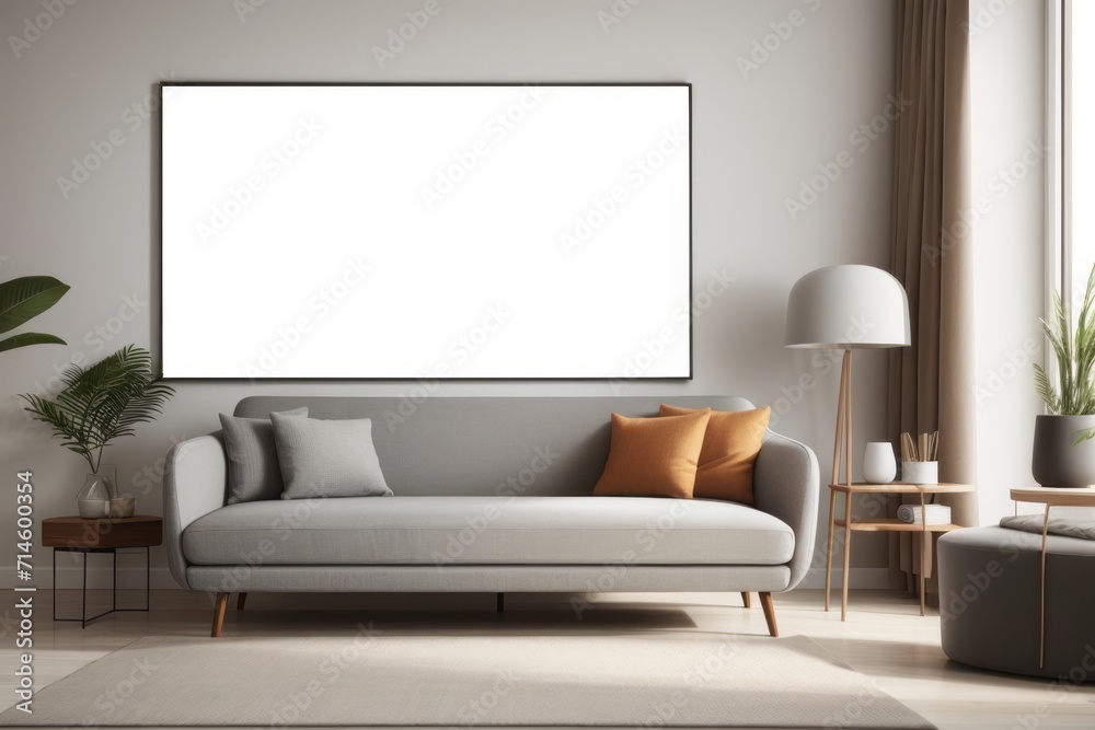 Interior home design of modern living room with gray sofa and blank mock up poster frame with copy space on gray wall