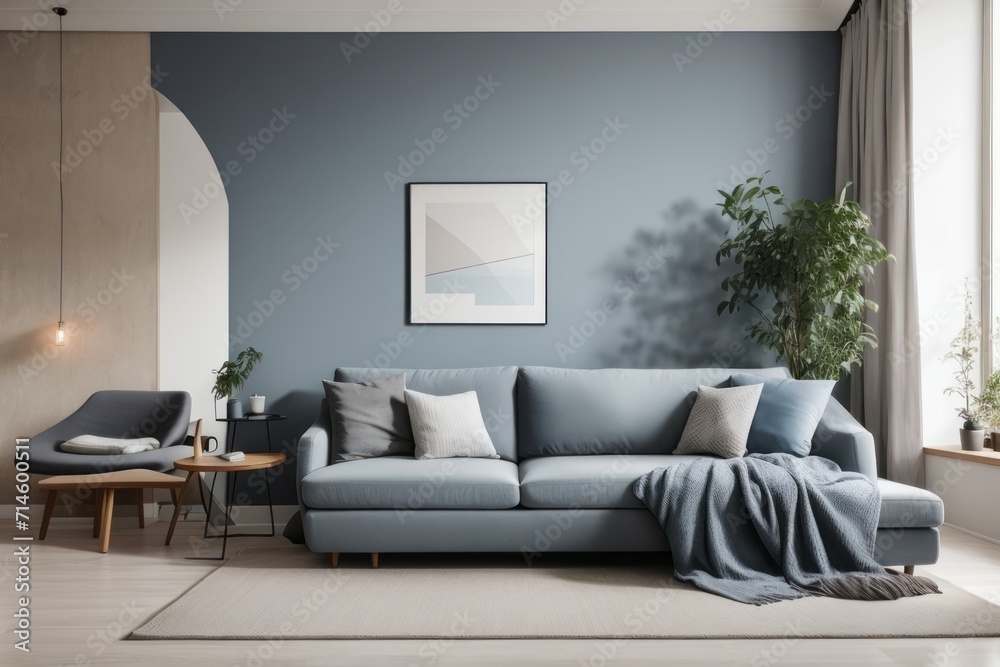 Fototapeta premium Scandinavian interior home design of modern living room with dirty blue sofa and stucco wall with abstract poster frame