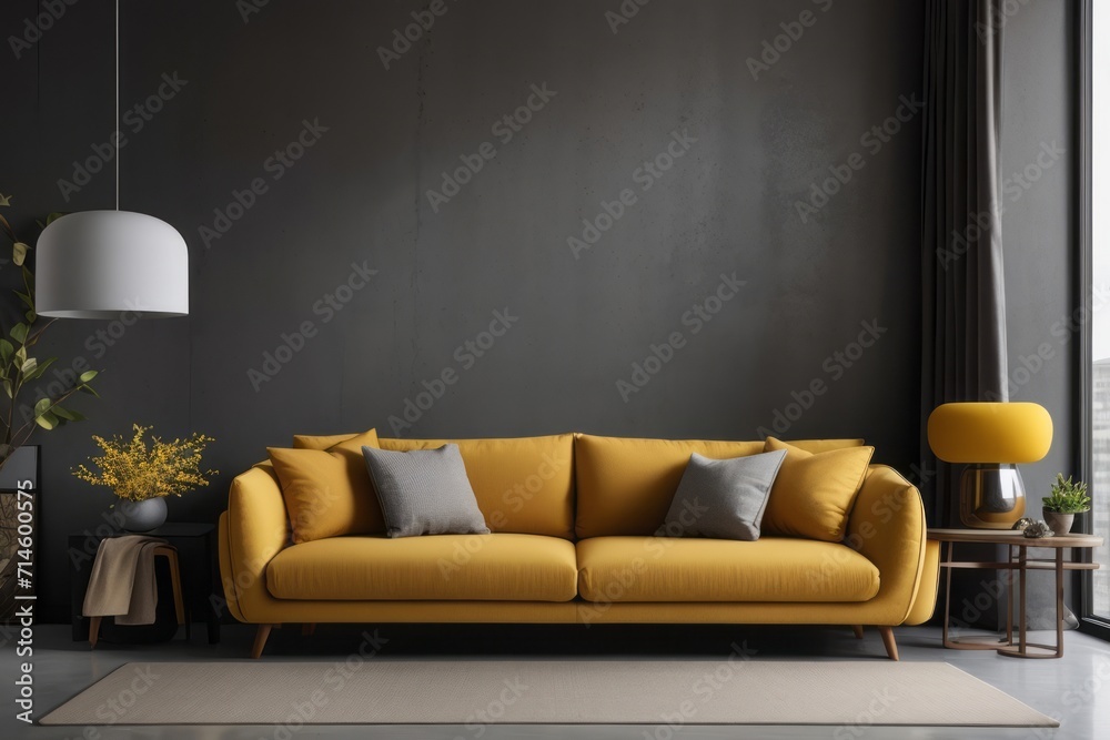 Interior home design of modern living room with sofa and houseplants against dark concrete wall with copy space Interior home design of modern living room with sofa and houseplants against dark concrete wall with copy space