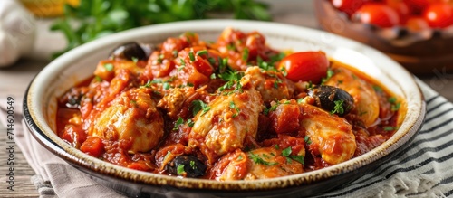 Traditional chicken cacciatore in tomato sauce, seen from the front. photo