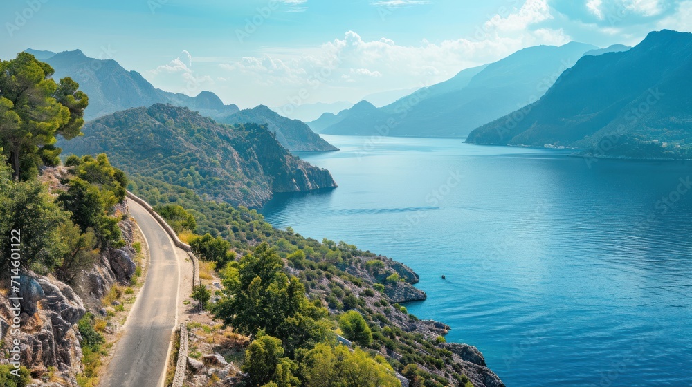  a scenic view of a body of water with mountains in the background and a road running along the side of the water with trees on both sides of the road.