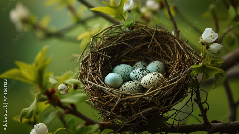 a bird's nest with four eggs on a branch of a tree with white flowers in the foreground and a blurry background of green grass and white flowers in the foreground. a bird's nest with four eggs on a branch of a tree with white flowers in the foreground and a blurry background of green grass and white flowers in the foreground.