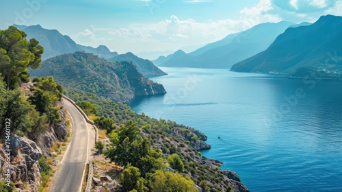  a scenic view of a body of water with mountains in the background and a road running along the side of the water with trees on both sides of the road.