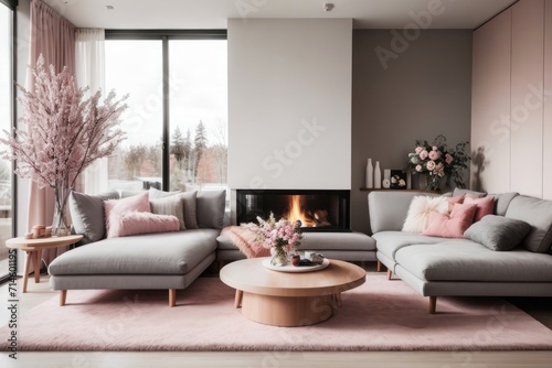 Scandinavian interior home design of modern living room with gray sofa and blue pillows with a fireplace against a gray concrete wall with a winter feel