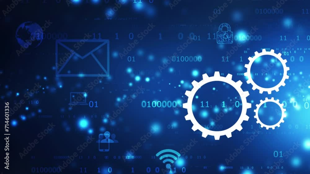Process management, optimization operation, fix strategy industry, transmission gears wheel, software update, Cog Gear Wheel with social media icons on technology abstract 4K Animation background