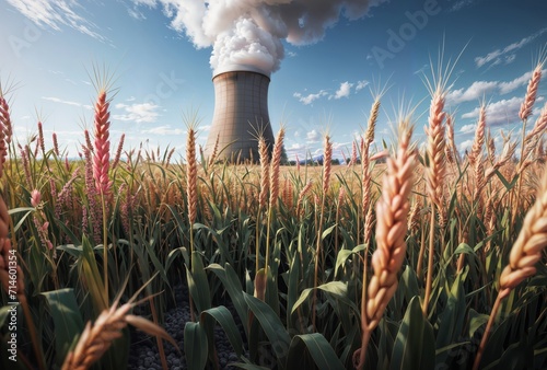 Nuclear power plant with ears of wheat and smoke from chimney
