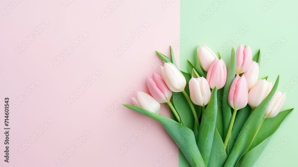 Vibrant Bouquet of colorful tulips. Festive flowers on a light pink background. Easter and mothers day, International Women's Day
