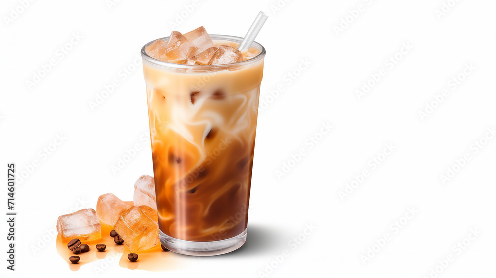 Iced Caramel Coffee in Glass Cup with Ice Cubes - Refreshing Cold Beverage for Cafe Menu and Design Element with Copy-Space Available for Promotional Content Iced Caramel Coffee in Glass Cup with Ice Cubes - Refreshing Cold Beverage for Cafe Menu and Design Element with Copy-Space Available for Promotional Content