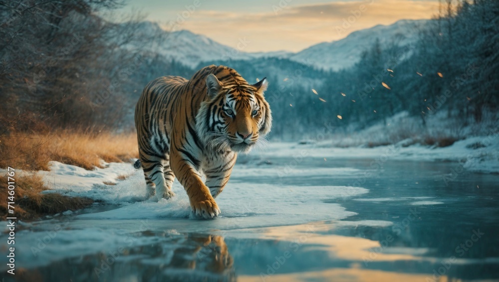 Siberian Tiger running on frozen lake in winter forest. Wildlife scene from nature.