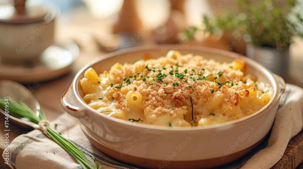 a dish of macaroni and cheese with a spoon on a napkin next to a pot of parsley and a pot of parmesan cheese on a wooden table. a dish of macaroni and cheese with a spoon on a napkin next to a pot of parsley and a pot of parmesan cheese on a wooden table.