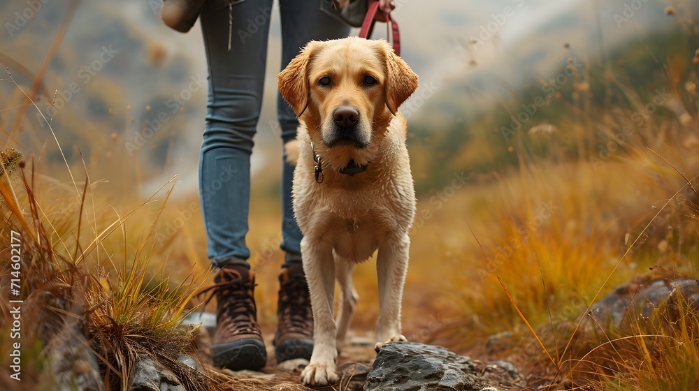 golden retriever dog, a beautiful Labrador Retriever accompanying its owner on a hiking adventure, displaying its adventurous spirit and loyalty