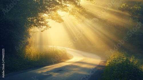  the sun shines through the trees onto a road in the middle of a wooded area with trees and bushes on either side of the road, and the sun beams of light coming through the trees.