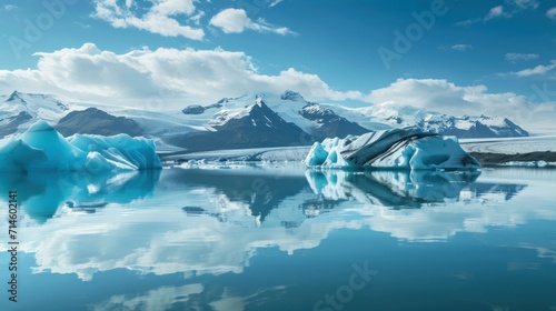 Wallpaper Mural  a group of icebergs floating on top of a lake under a blue sky with clouds and snow covered mountains in the background and a blue sky with white clouds. Torontodigital.ca