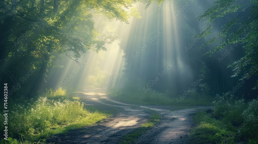  a dirt road in the middle of a forest with bright beams of light coming through the trees on either side of the road is a dirt road with grass and bushes on both sides.