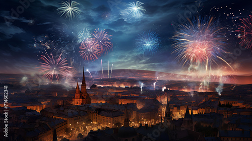 Fireworks on the modern city the concept of Christmas and New Year Happy new year fireworks background 
