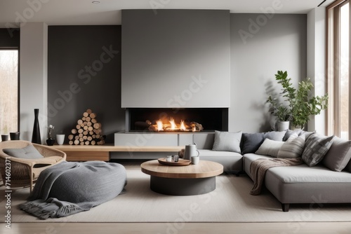 Scandinavian interior home design of modern living room with corner gray sofa and fireplace with home decor