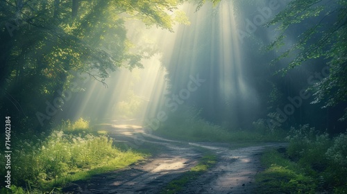  a dirt road in the middle of a forest with bright beams of light coming through the trees on either side of the road is a dirt road with grass and bushes on both sides. © Olga