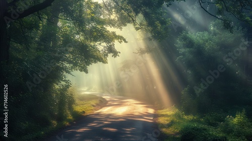  a road in the middle of a forest with sunbeams coming through the trees on either side of the road is a dirt road with a light shining through the trees on the other side.