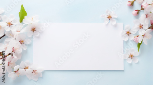 Flat lay of a white blank paper with delicate cherry blossoms on a soft blue background.