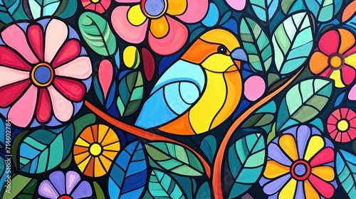  a painting of a bird sitting on a tree branch in a field of flowers with leaves and flowers in the foreground  with a blue sky in the background.