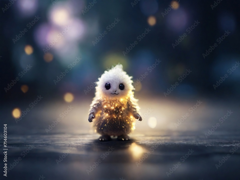 Obraz premium cute tiny, furry colorful spirit creature with a dynamic contrast and bokeh magic.
