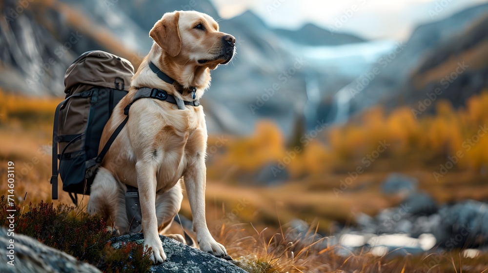 dog in the mountains, a beautiful Labrador Retriever accompanying its owner on a hiking adventure, displaying its adventurous spirit and loyalty dog in the mountains, a beautiful Labrador Retriever accompanying its owner on a hiking adventure, displaying its adventurous spirit and loyalty
