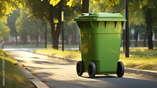 A solitary green garbage bin stands on a sunlit suburban street, lined with trees and casting a shadow on the pavement.