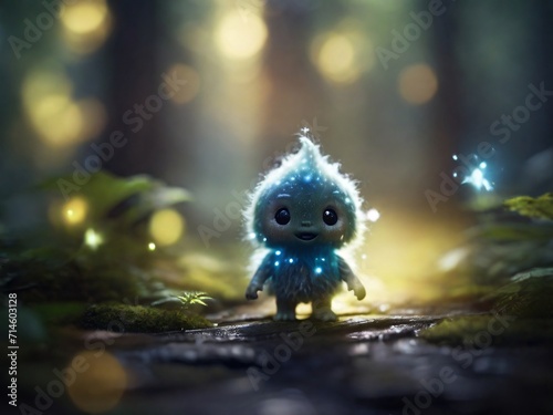 cute tiny, furry colorful spirit creature with a dynamic contrast and bokeh magic.