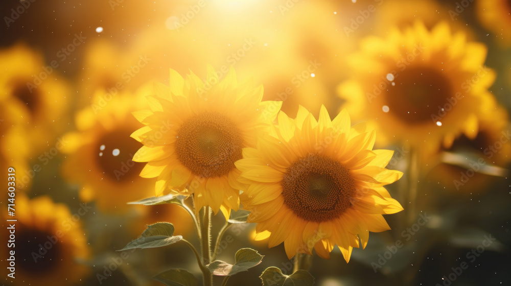 Vibrant sunflowers facing the sun with warm golden light and floating particles. Vibrant sunflowers facing the sun with warm golden light and floating particles.