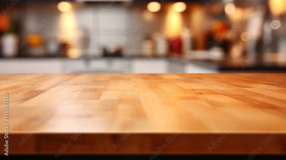 Warm wooden table top with a modern kitchen blurred in the background.
