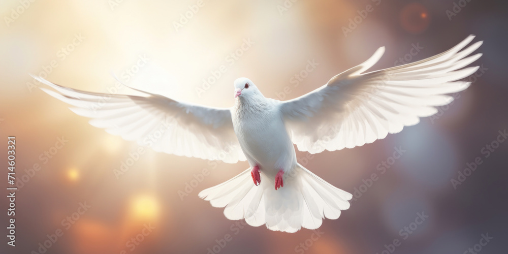 White dove flying in the air with bokeh background. Freedom concept.