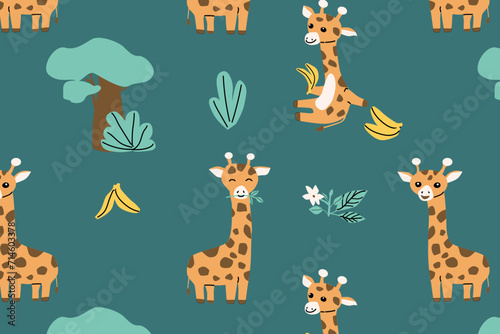 cartoon animals giraffe and tree, grass seamless pattern. Vector illustration
