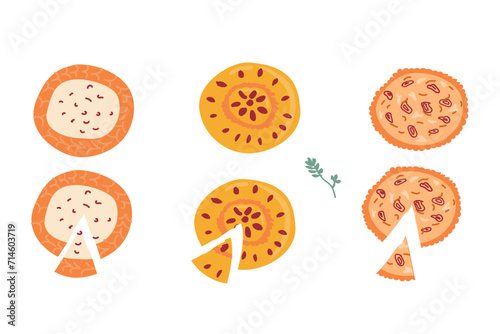 Hand drawn pie set with cheesecake, onion pie and berry pie. Vector illustration isolated. Set of pie with cream cheese product, onion and cheese, berry fruit feeling. 
