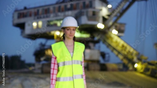 A female worker going from sandpit on career stacker. photo