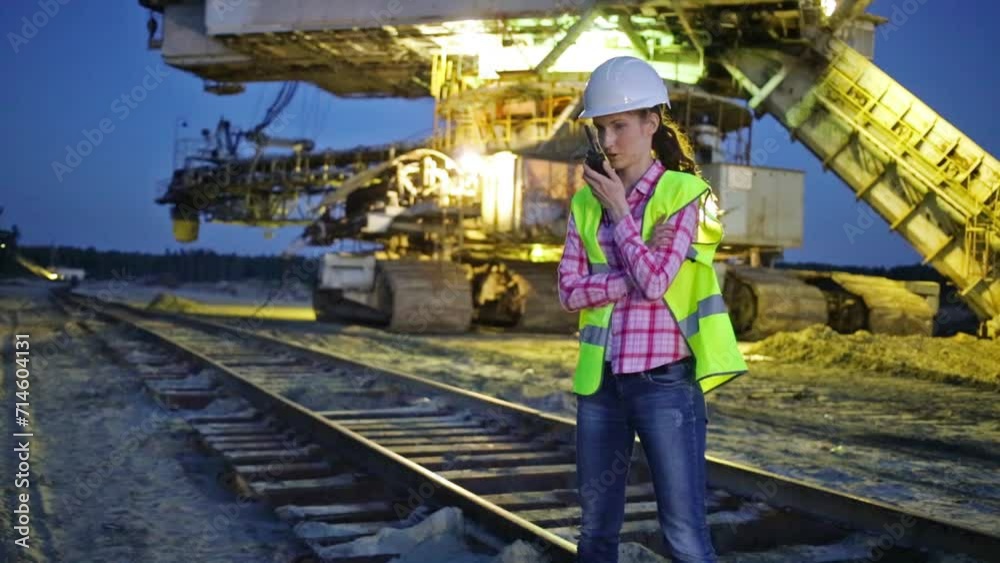 Female worker is talking on walky-talky near career stacker.