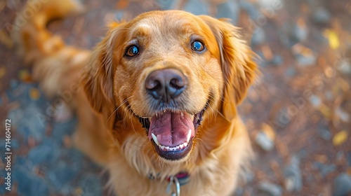 golden retriever portrait, a friendly Golden Retriever joyfully greeting its owner with a wagging tail and a big smile, showcasing its loving and sociable nature photo
