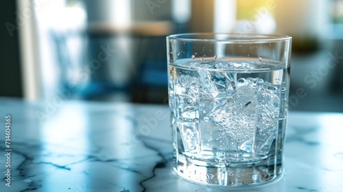  a close up of a glass of water on a marble table with a blurry background of a glass of water and ice cubes in the middle of the glass.