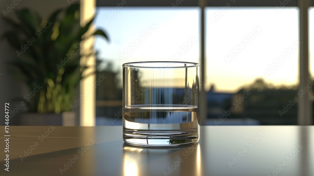  a glass of water sits on a table in front of a window with a view of the outside of the building and a potted plant in the foreground.