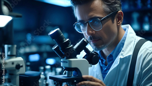 male research scientist looking into microscope, wearing safety glasses. Blue lighting in a dark lab room. science concept © Ali