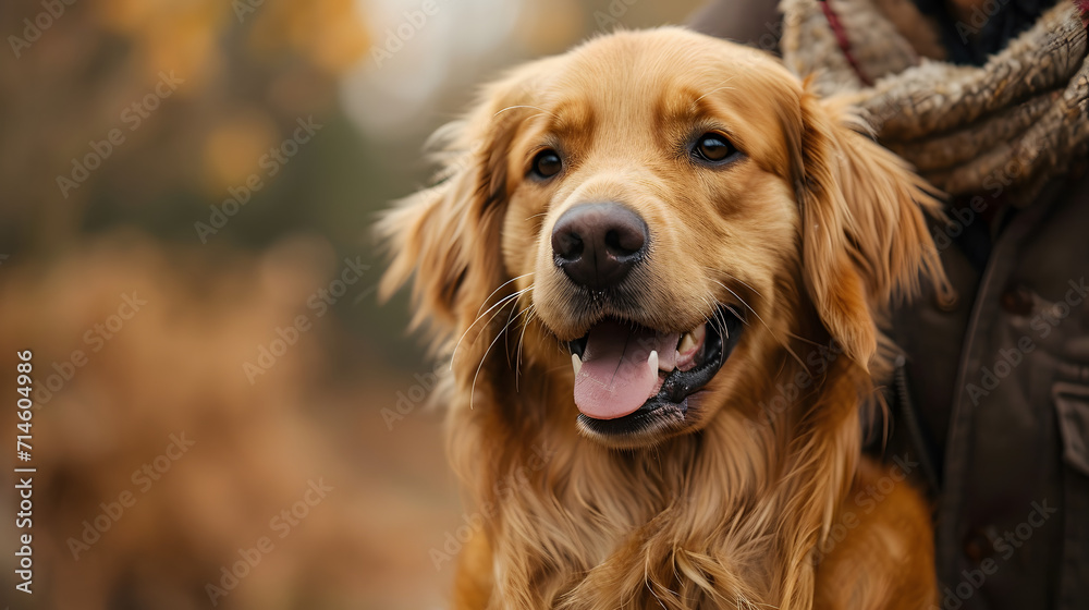 portrait of a retriever, a friendly Golden Retriever joyfully greeting its owner with a wagging tail and a big smile, showcasing its loving and sociable nature