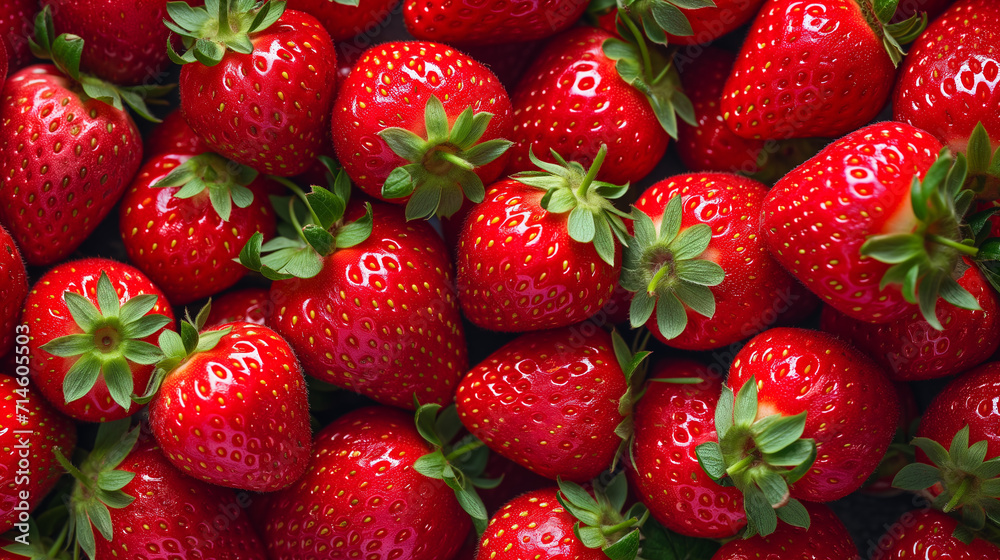 Close-up view of a vibrant, fresh assortment of ripe strawberries with visible seeds and green leaves Close-up view of a vibrant, fresh assortment of ripe strawberries with visible seeds and green leaves