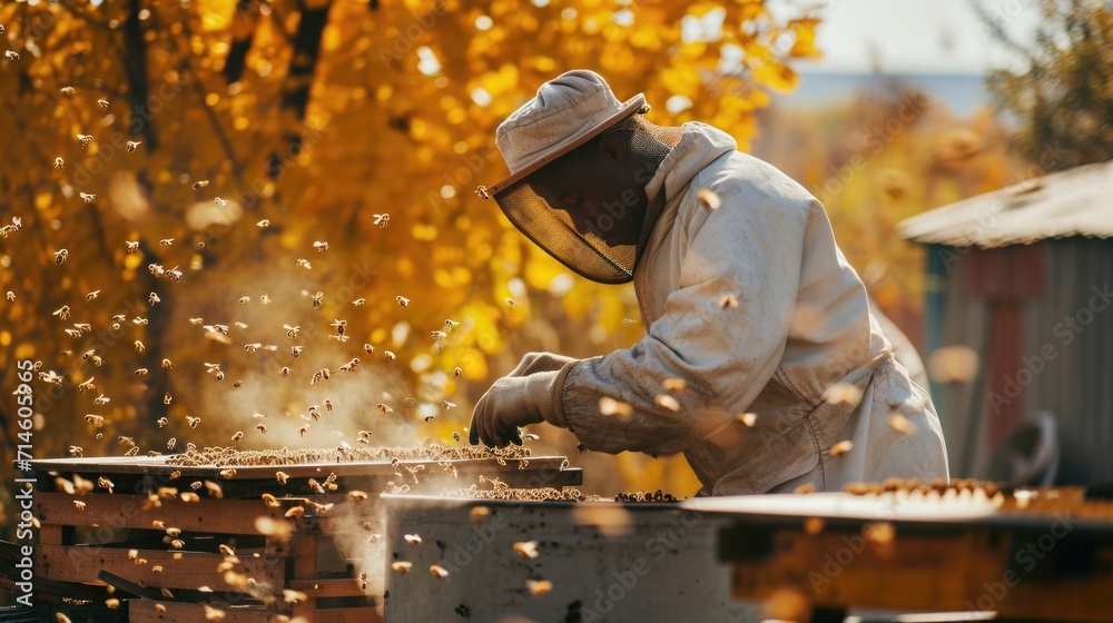 Picture of African American passionate beekeeper caring for beehives and harvesting honey Picture of African American passionate beekeeper caring for beehives and harvesting honey