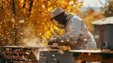 Picture of African American passionate beekeeper caring for beehives and harvesting honey