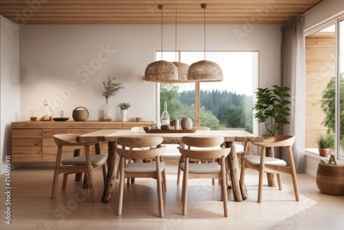 Rustic interior home design of modern dining room with wooden dining table and chairs with handmade wooden furniture  forest view from the window