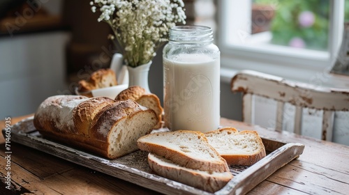 a loaf of bread sitting on top of a wooden table next to a bottle of milk and a loaf of bread on top of a tray with a glass of milk. photo