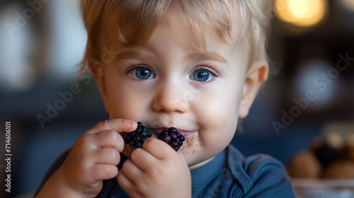Close up toddler boy eating fresh blackberry generative ai