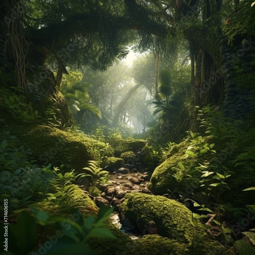 Deep dark jungle full of overgrown vegetation ancient ruins AI Generative Art