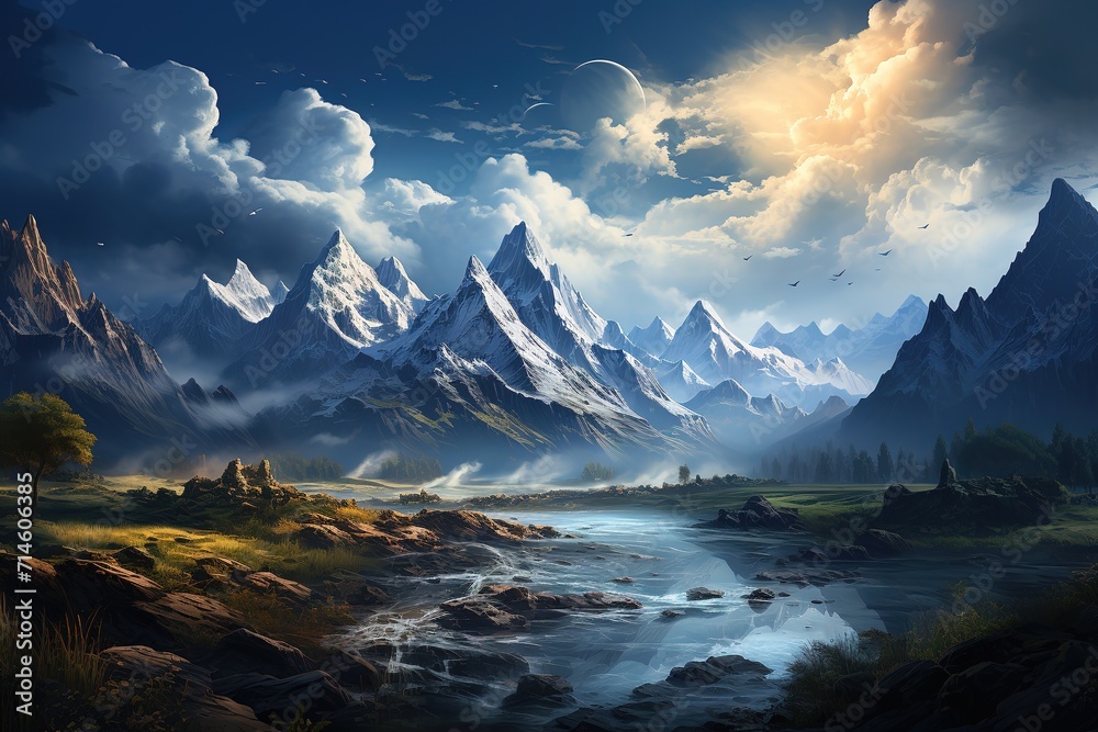 Beautiful Mountain landscape with mountains and clouds.